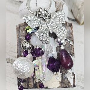 Handmade Silver and Purple Beaded Purse Charm / Keychain with Butterfly Charm